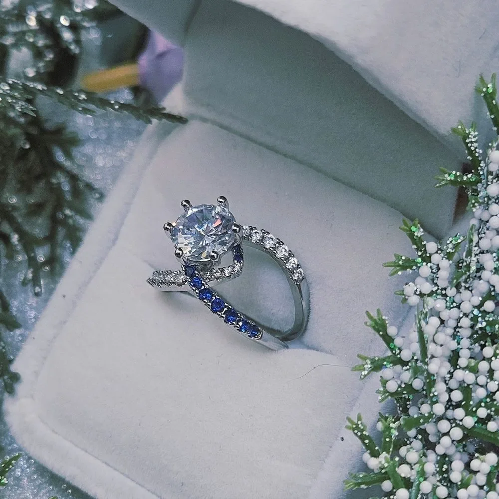 White and Blue Sapphire Cocktail Ring on 925 Sterling Silver